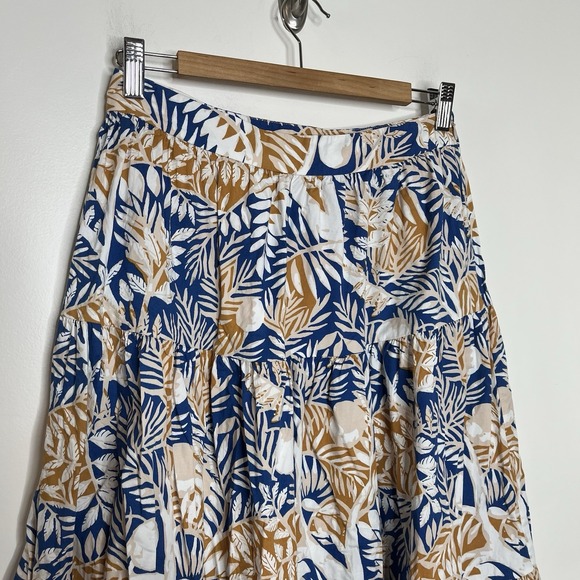 Staud Tiered Sea Midi Skirt Womens 8 Ruffled Blue Tan Nature Tree Print Cotton - Picture 2 of 7